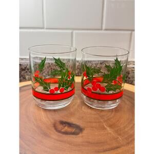 VTG Libbey Holly and Berry Pattern -Double Old Fashioned Glasses Cottage,Retro